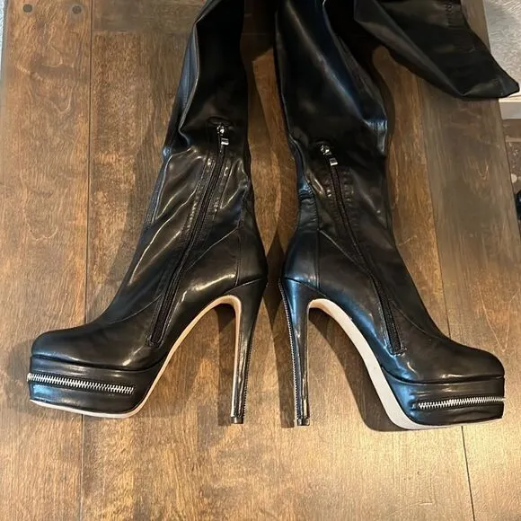 New Rumbidzo Thigh High Boots Faux Leather Stiletto Platform Back Full Zipper