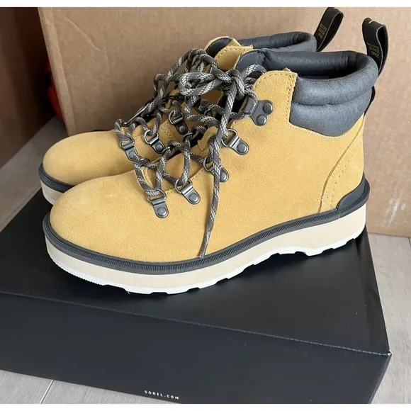 New SOREL HI-LINE HIKING WOMEN SNEAKERS BOOTS LEATHER SUEDE TAN 8.5 M Lace Up