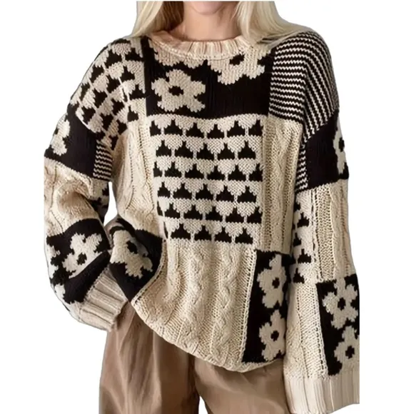 New The Cable knit Patchwork Flower Sweater