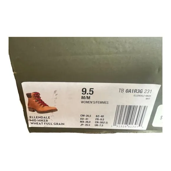 NEW Timberland Womens 9.5M Ellendale MID HIKER LACE UP BOOTS Leather Wheat Brown