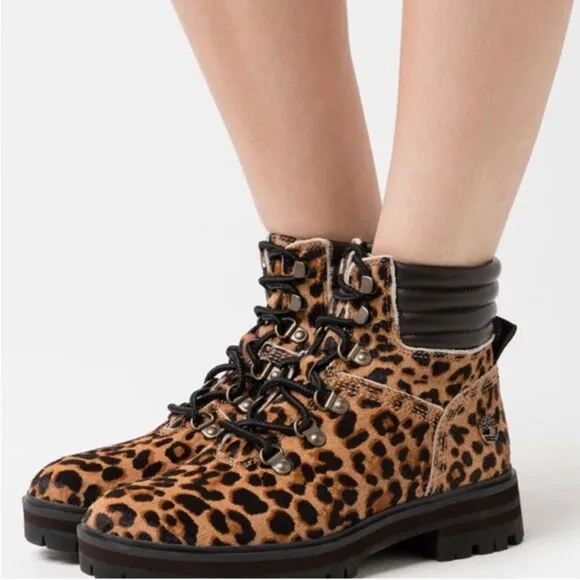 NEW Timberland London Square Chetah Print  Cowhide Leather Hike Boots 9
