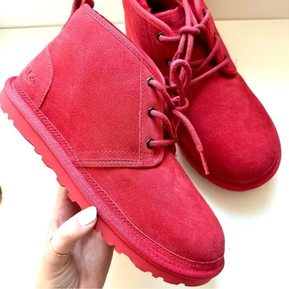 NEW UGG Suede Fur Lined Neumal Boot Lace Up Chukka Ankle Booties Samba Red 10