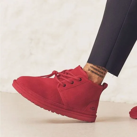 NEW UGG Suede Fur Lined Neumal Boot Lace Up Chukka Ankle Booties Samba Red 10