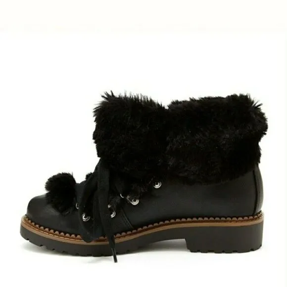 New! UNIONBAY Women's Faux Fur Black Ankle Boots Lace-up Booties Size 7.5