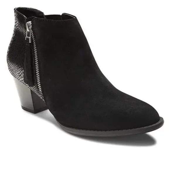 NEW VIONIC UPRIGHT ANNE BLACK SUEDE &amp; SNAKESKIN ZIP BLOCK HEEL ANKLE BOOTIES 10