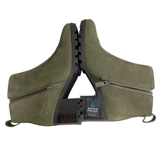 NEW Vionic Wilma leather Heeled Ankle Boots Size 9.5 olive green nubuck