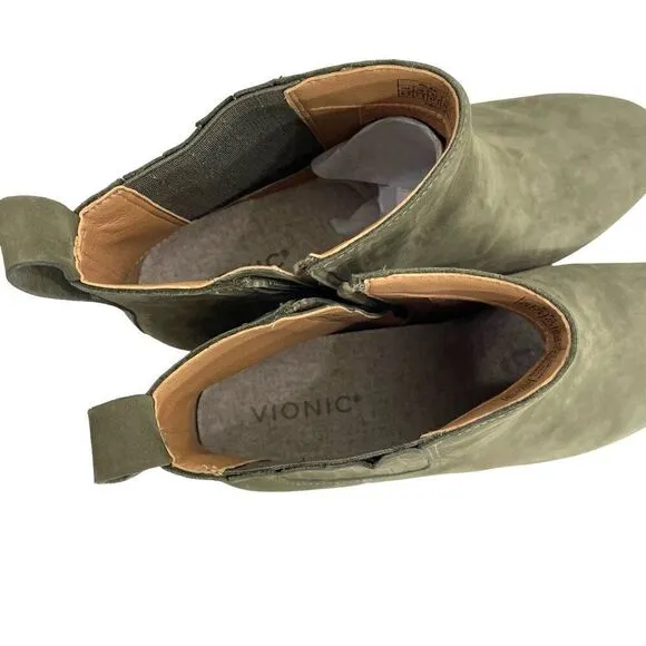 NEW Vionic Wilma leather Heeled Ankle Boots Size 9.5 olive green nubuck