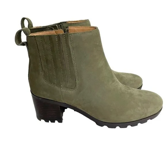 NEW Vionic Wilma leather Heeled Ankle Boots Size 9.5 olive green nubuck