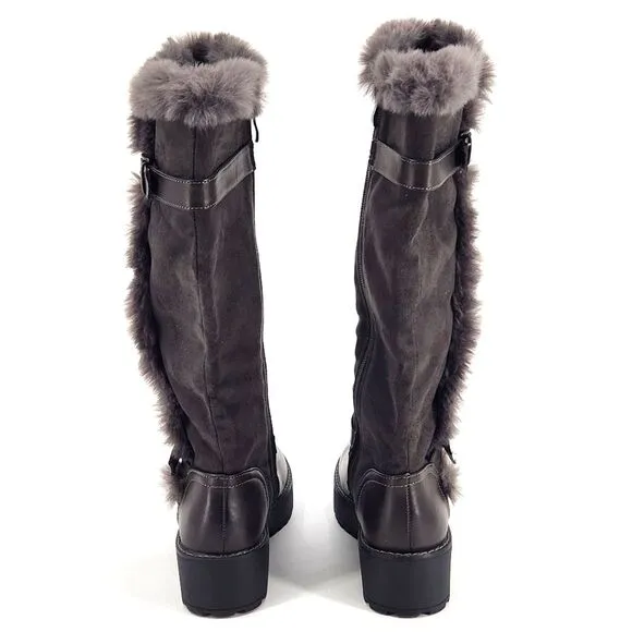 New Wanted Platform Knee High Boots Brown Faux Leather &amp; Fur Buckle Detail 7.5
