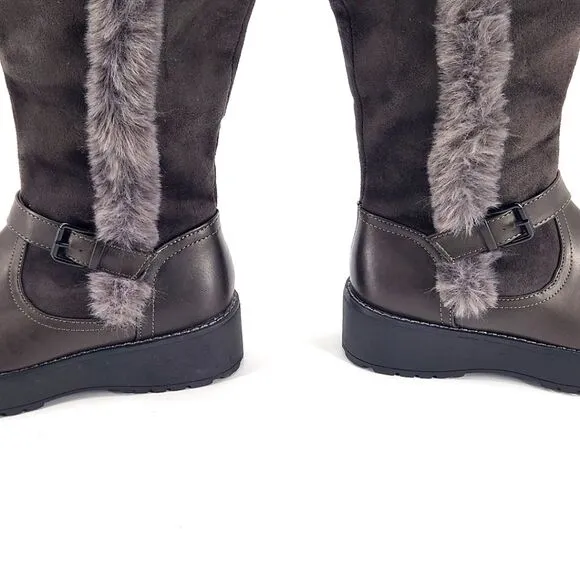 New Wanted Platform Knee High Boots Brown Faux Leather &amp; Fur Buckle Detail 7.5