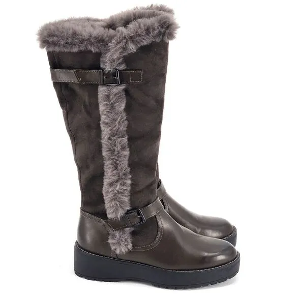 New Wanted Platform Knee High Boots Brown Faux Leather &amp; Fur Buckle Detail 7.5