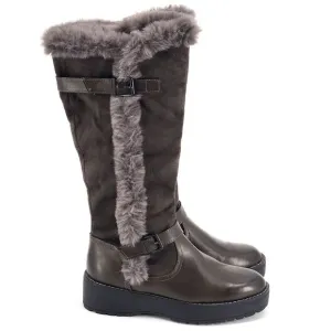 New Wanted Platform Knee High Boots Brown Faux Leather &amp; Fur Buckle Detail 7.5