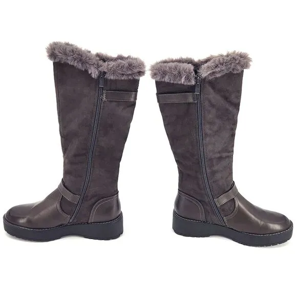 New Wanted Platform Knee High Boots Brown Faux Leather &amp; Fur Buckle Detail 7.5