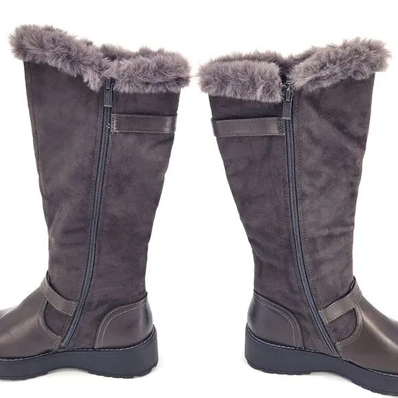 New Wanted Platform Knee High Boots Brown Faux Leather &amp; Fur Buckle Detail 7.5