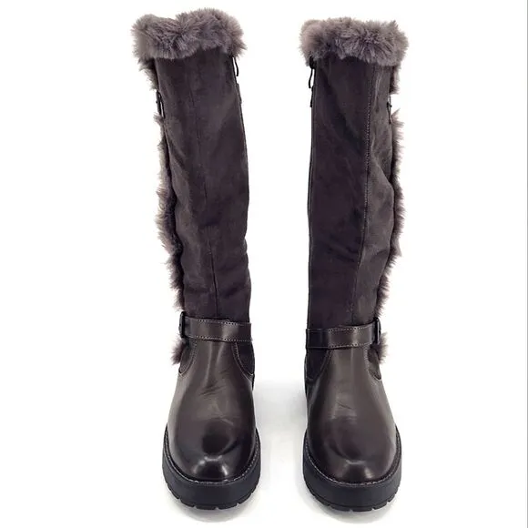 New Wanted Platform Knee High Boots Brown Faux Leather &amp; Fur Buckle Detail 7.5