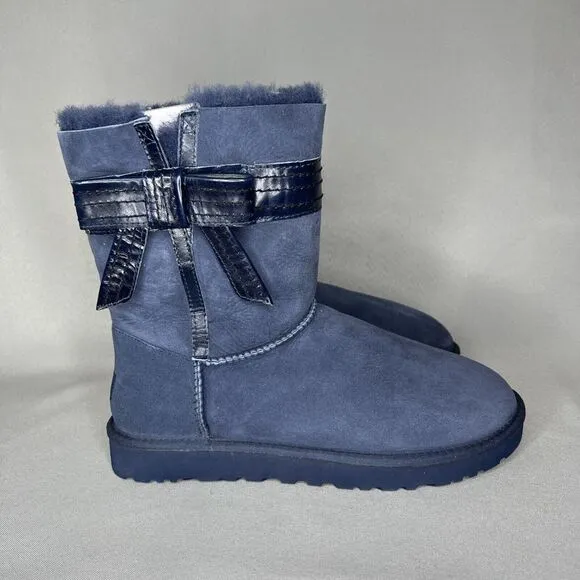 NEW Womens 11 UGG Boots Bailey Bow Josette Midnight Blue Leather Bow Suede Rare