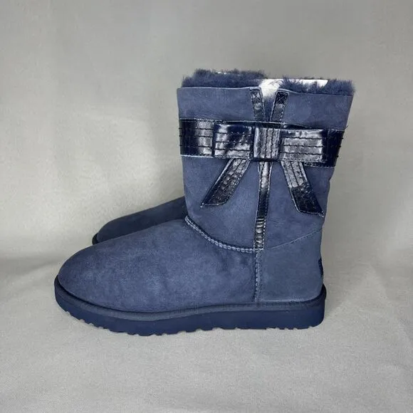 NEW Womens 11 UGG Boots Bailey Bow Josette Midnight Blue Leather Bow Suede Rare