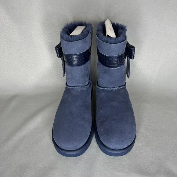 NEW Womens 11 UGG Boots Bailey Bow Josette Midnight Blue Leather Bow Suede Rare