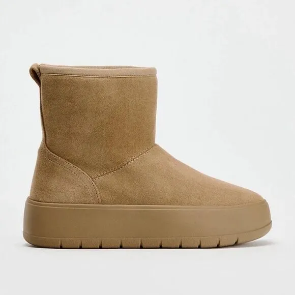 New Zara Women's Faux Fur Platform Brown Ankle Boots Size US 8 UK 6 EUR 39 NWT