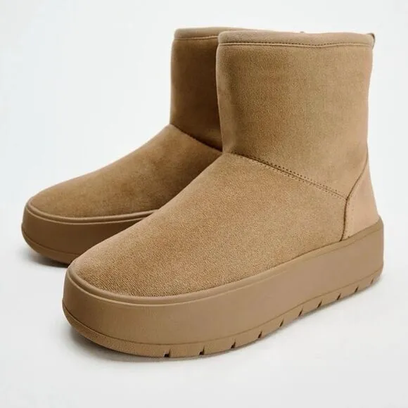 New Zara Women's Faux Fur Platform Brown Ankle Boots Size US 8 UK 6 EUR 39 NWT