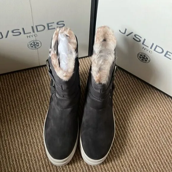 New J/slides faux fur waterproof boots gray suede 8.5