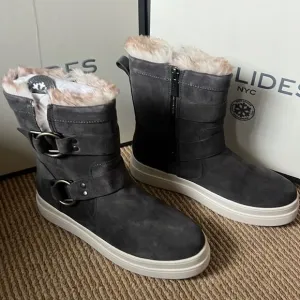 New J/slides faux fur waterproof boots gray suede 8.5