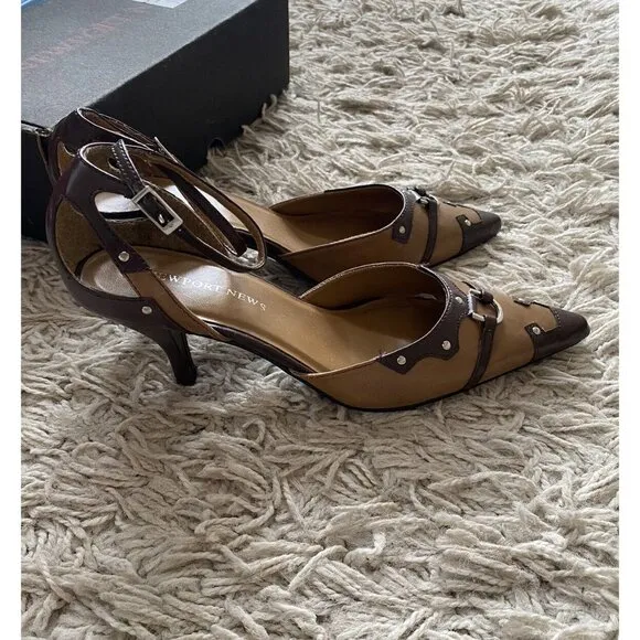 Newport News Heels Beige Tan Studded Pointy Shoes 8.5 Ankle Strap Western Brown