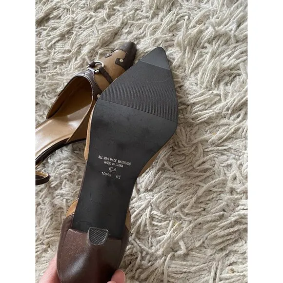 Newport News Heels Beige Tan Studded Pointy Shoes 8.5 Ankle Strap Western Brown
