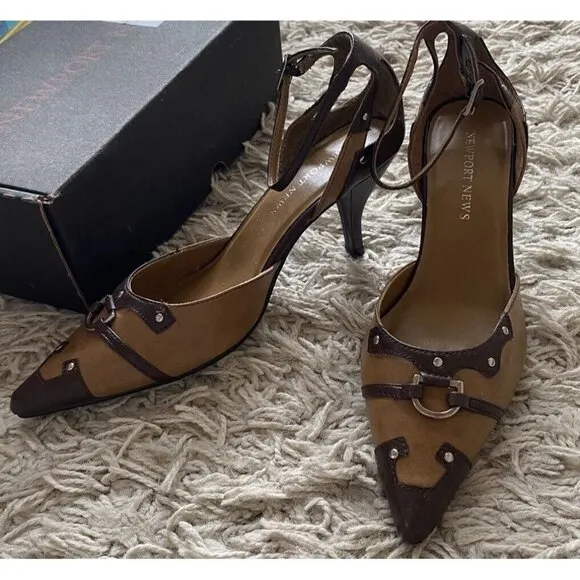 Newport News Heels Beige Tan Studded Pointy Shoes 8.5 Ankle Strap Western Brown