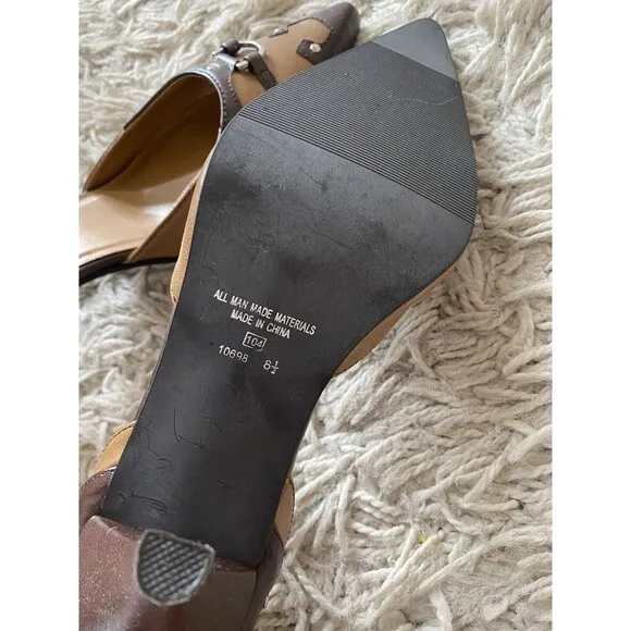 Newport News Heels Beige Tan Studded Pointy Shoes 8.5 Ankle Strap Western Brown