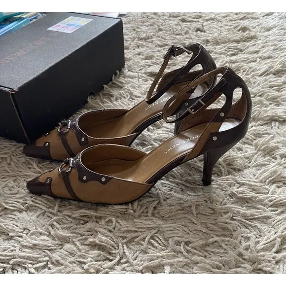 Newport News Heels Beige Tan Studded Pointy Shoes 8.5 Ankle Strap Western Brown
