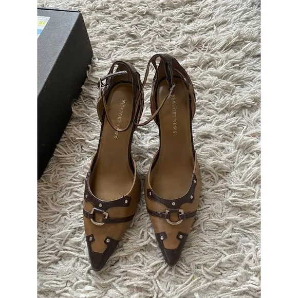 Newport News Heels Beige Tan Studded Pointy Shoes 8.5 Ankle Strap Western Brown