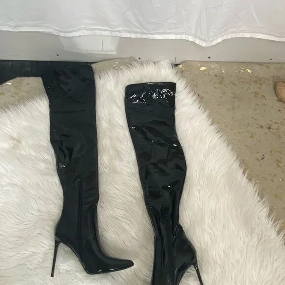 NEW Steve Madden Viktory black patent pointed toe over the knee heels boots 8.5