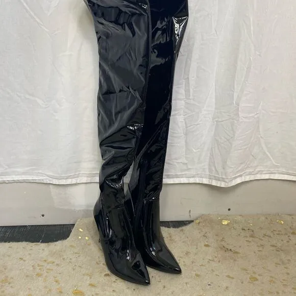 NEW Steve Madden Viktory black patent pointed toe over the knee heels boots 8.5