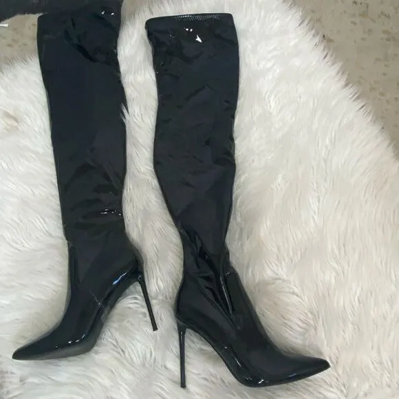 NEW Steve Madden Viktory black patent pointed toe over the knee heels boots 8.5