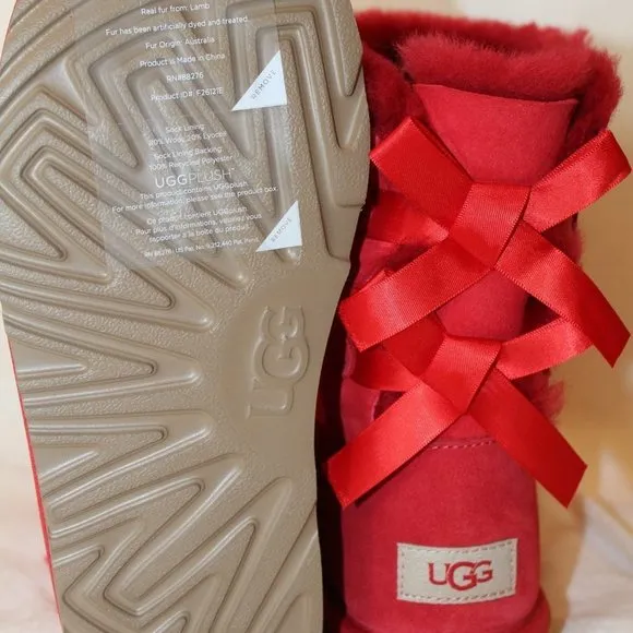 NIB UGG GIRL'S BAILEY BOW RIBBON SUEDE SHEARLING CLASSIC‎ SHORT BOOTS RED