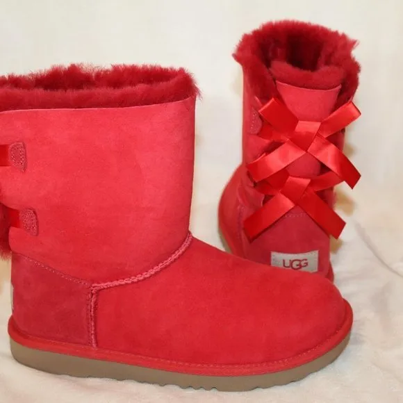 NIB UGG GIRL'S BAILEY BOW RIBBON SUEDE SHEARLING CLASSIC‎ SHORT BOOTS RED