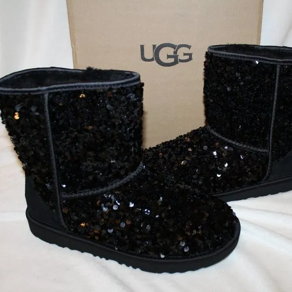 NIB UGG STELLAR SEQUIN CLASSIC SHORT SHEARLING‎ LINED BOOTS