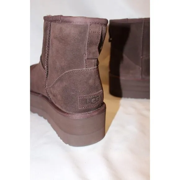 NIB‎ UGG WOMEN'S MINI PLATFORM SUEDE SHEARLING LINED ANKLE BOOTS 9 BCDR BROWN