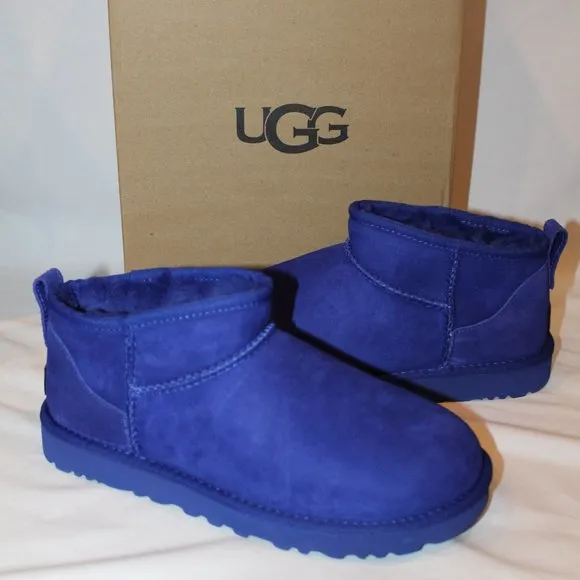 NIB UGG WOMEN'S SUEDE‎ SHEARLING LINED ULTRA MINI ANKLE BOOTS PURPLE
