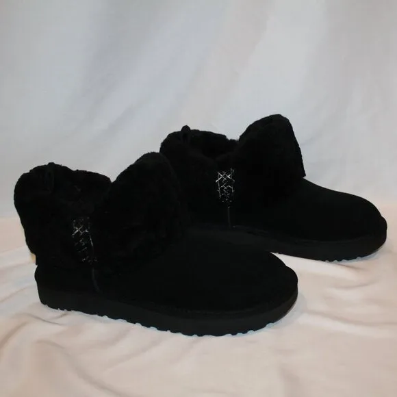 NIB UGG WOMEN'S ULTRA MINI SUEDE SHEARLING‎ BRAID ACCENT ANKLE BOOTS BLACK