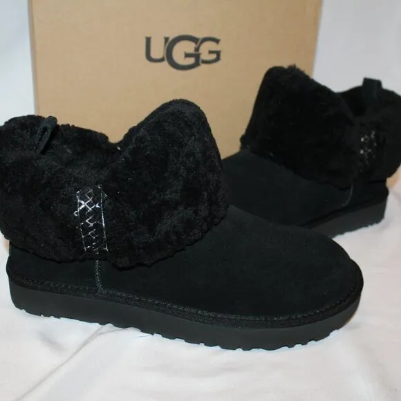 NIB UGG WOMEN'S ULTRA MINI SUEDE SHEARLING‎ BRAID ACCENT ANKLE BOOTS BLACK