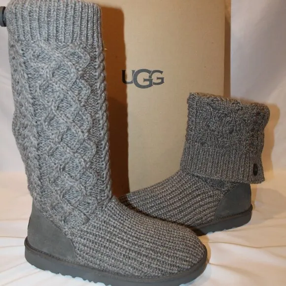 NIB UGG YOUTH 5 6 WOMEN'S 7 8‎ TALL CARDY KNIT GRAY BOOTS