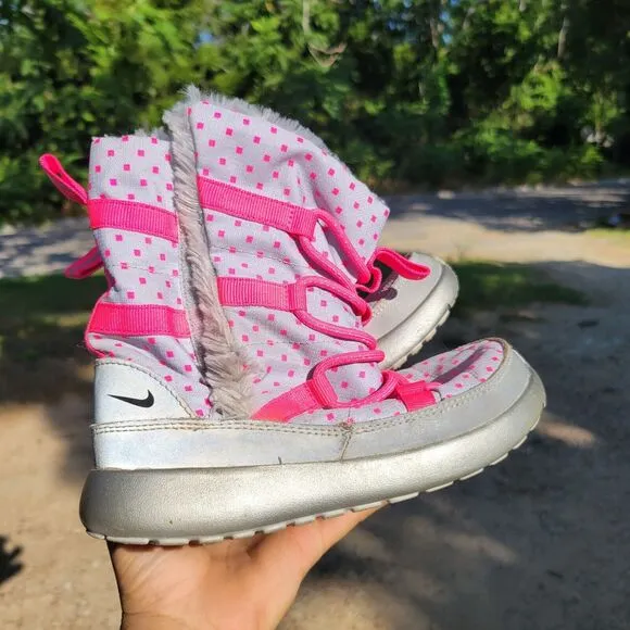 Nike Rosherun Hi Sneakerboot Girls 12 Silver Pink Comfy Faux Leather Snow Boots