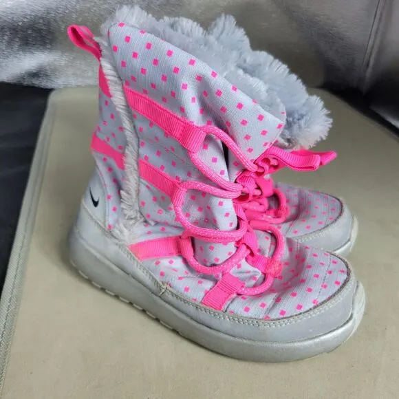 Nike Rosherun Hi Sneakerboot Girls 12 Silver Pink Comfy Faux Leather Snow Boots
