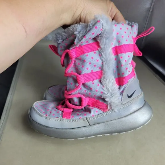 Nike Rosherun Hi Sneakerboot Girls 12 Silver Pink Comfy Faux Leather Snow Boots