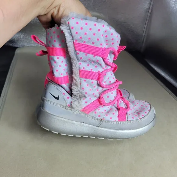 Nike Rosherun Hi Sneakerboot Girls 12 Silver Pink Comfy Faux Leather Snow Boots