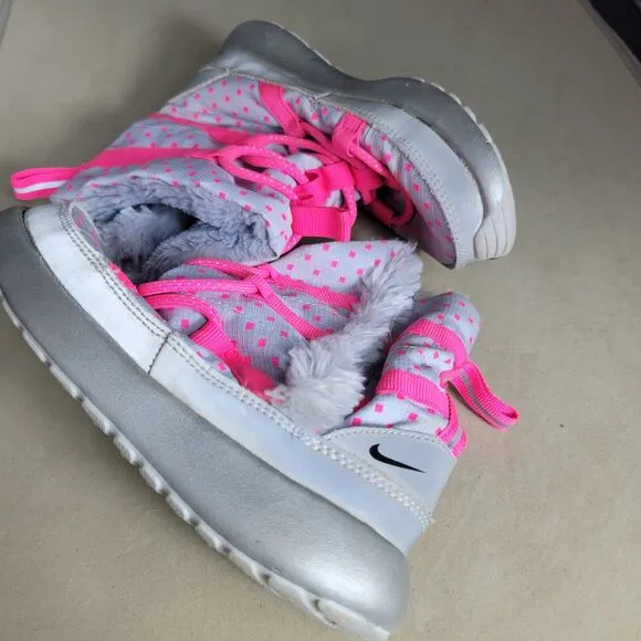 Nike Rosherun Hi Sneakerboot Girls 12 Silver Pink Comfy Faux Leather Snow Boots