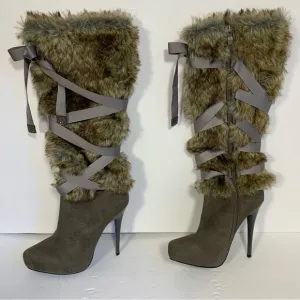 Nina Faux Fur Tall Boots Women’s Sz 6 Ribbon Detail Sexy Gray Taupe Side Zip