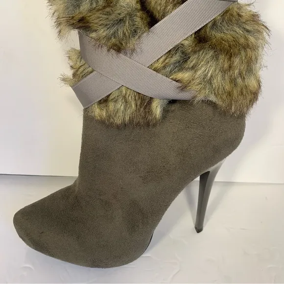 Nina Faux Fur Tall Boots Women’s Sz 6 Ribbon Detail Sexy Gray Taupe Side Zip